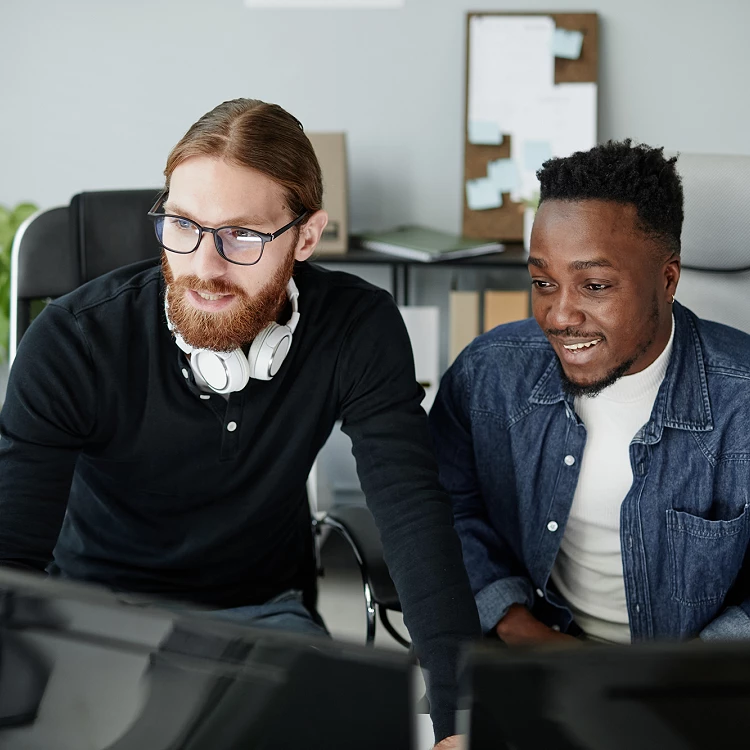 Zwei Männer unterschiedlicher Hautfarbe arbeiten gemeinsam am Rechner